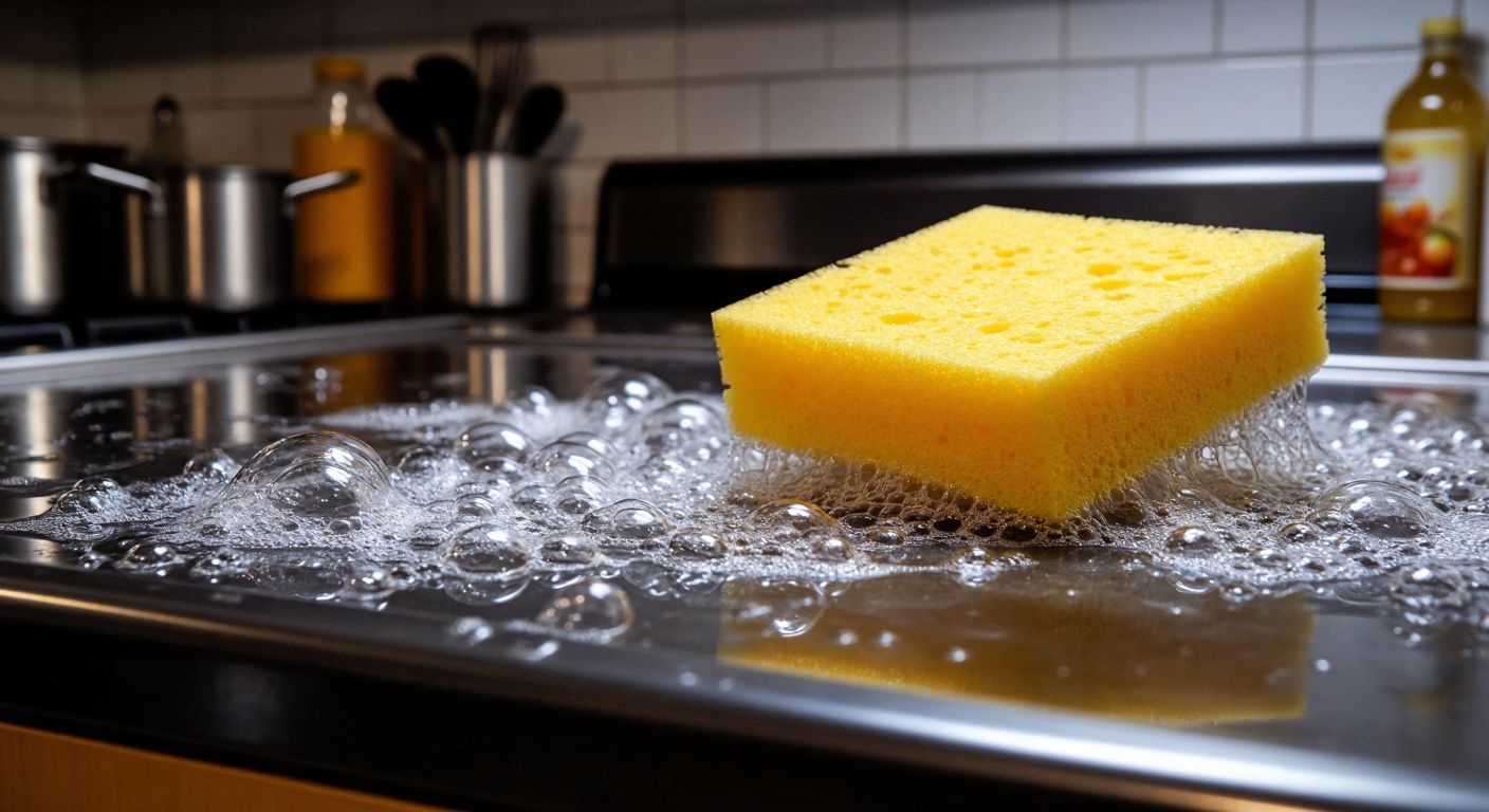 A close-up of soapy water bubbling on a greasy kitchen counter in Turkey, with a sponge lifting away grime as detergent molecules break down the oil.