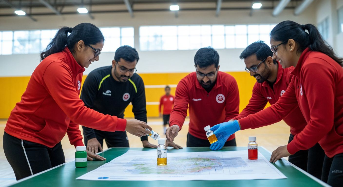 A diverse group of visually impaired athletes playing goalball in a gymnasium, a scientist in a Swiss lab carefully examining a vial of medicine, and a team of international delegates from India, Brazil, and South Africa shaking hands over a development project map.