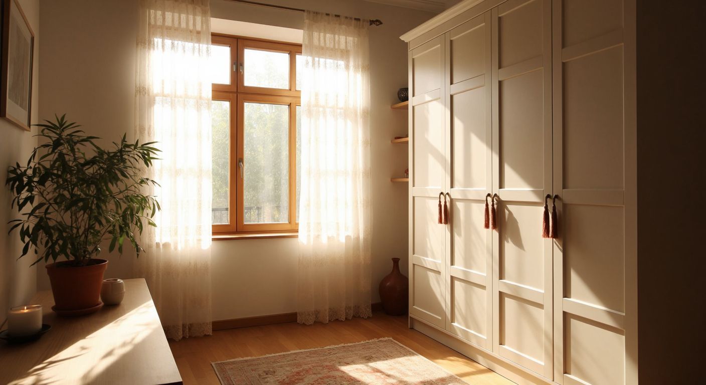 A well-crafted, smooth-finished MDF wardrobe in a warm Turkish home, with sunlight streaming through lace curtains onto its polished surface, conveying durability and elegance.