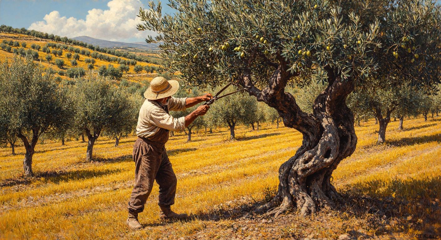 A weathered Turkish farmer in a sunhat carefully pruning a gnarled olive tree in a golden-hued grove, with neatly spaced younger trees visible in the background.