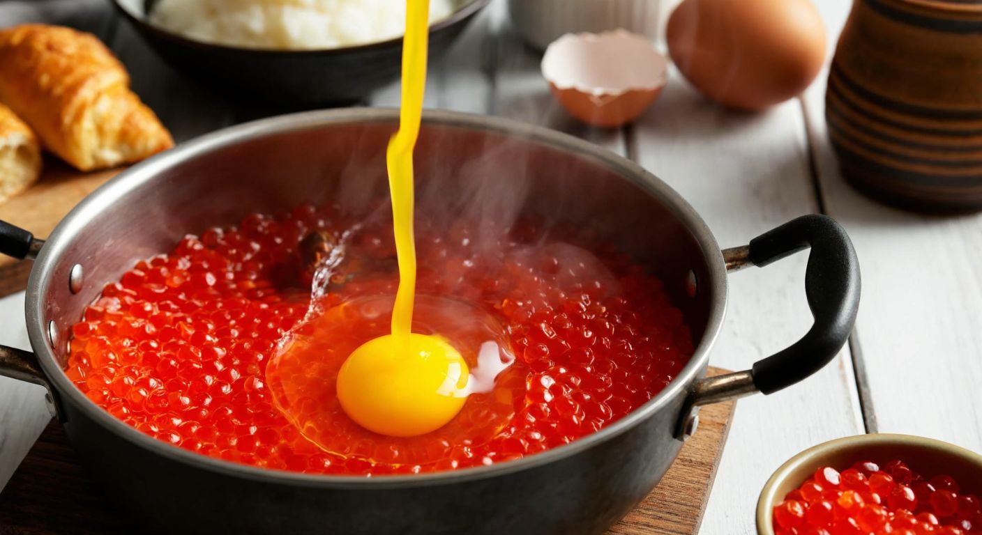 A steaming pot of boiling water with a cracked egg releasing golden yolk, surrounded by vibrant red caviar on a rustic wooden table in a cozy Turkish kitchen.