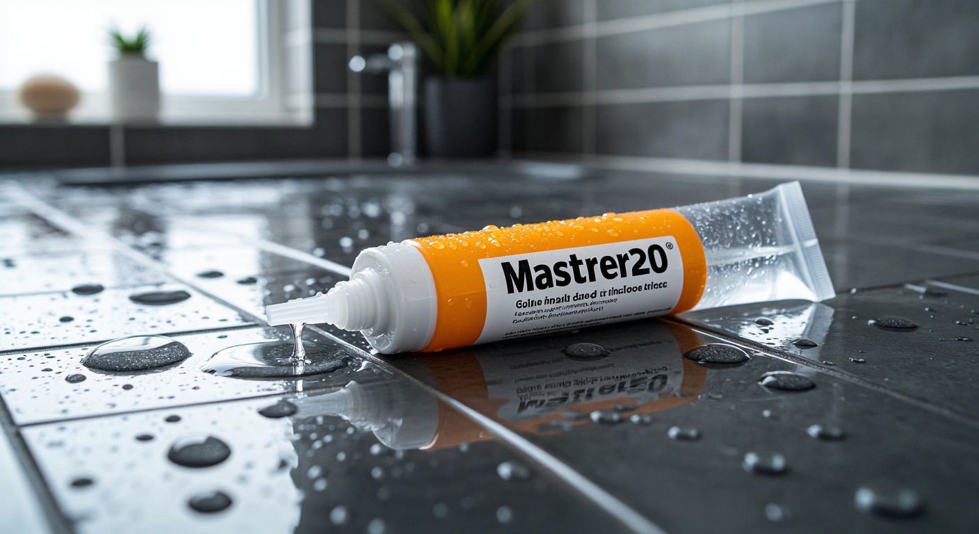 A sturdy, transparent tube of Master E280 silicone sealant resting on a wet bathroom tile, with water droplets beading and rolling off its smooth, waterproof surface.