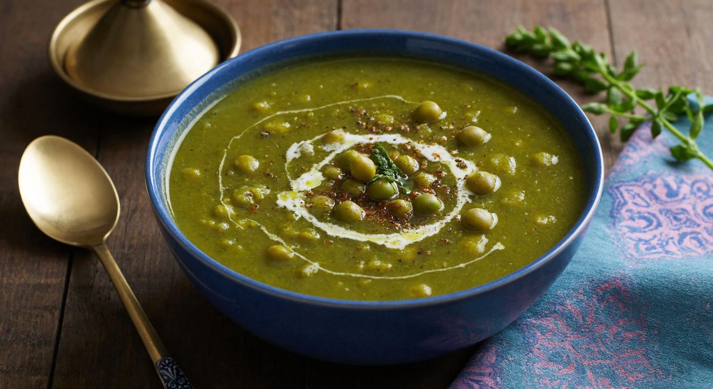 A steaming bowl of thick green **bissara** soup with whole peas floating in it, garnished with a swirl of olive oil and a sprinkle of cumin, set on a rustic wooden table with a Moroccan ceramic spoon beside it.