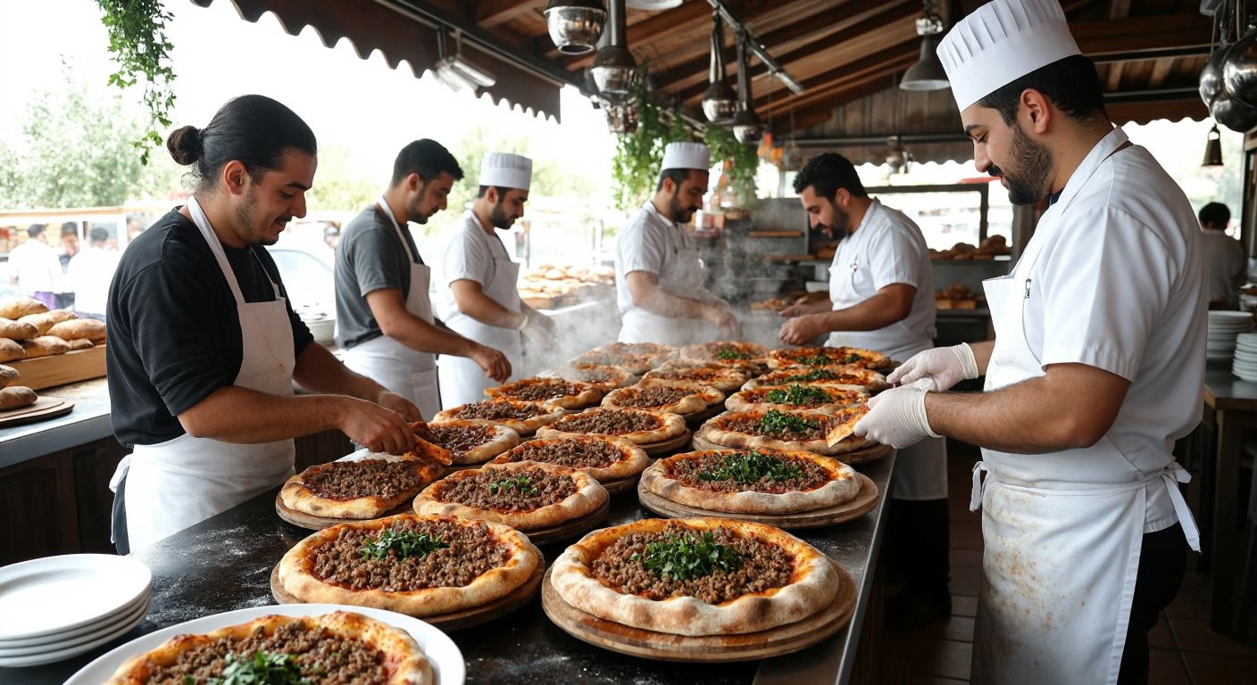 A bustling pide restaurant in Muğla with warm golden bread fresh from the oven, chefs in white aprons shaping dough, and customers happily sharing steaming plates of pide topped with minced meat and herbs.