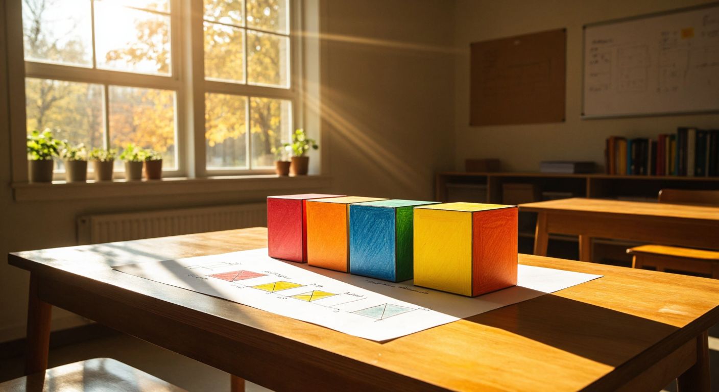 A wooden desk with a sheet of paper showing a hand-drawn cube split into four distinct colored sections, each labeled with abstract geometric shapes representing algebraic terms, under warm sunlight streaming through a classroom window.