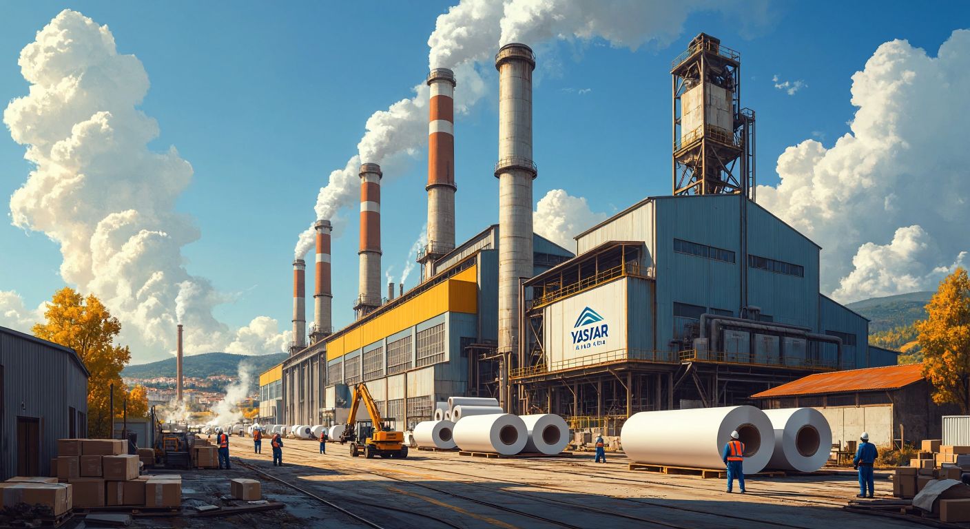 A bustling industrial paper factory in Aliağa with towering smokestacks, workers in safety gear moving rolls of paper, and the Yaşar Holding logo subtly integrated into the building's facade, under a bright Turkish sun.