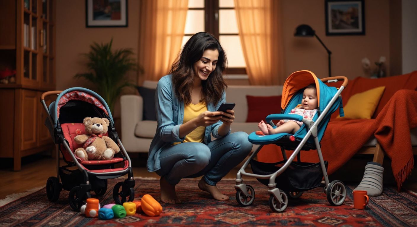A young Turkish mother in a cozy home setting smiles while browsing a smartphone, with a colorful second-hand stroller placed beside her on a patterned rug.