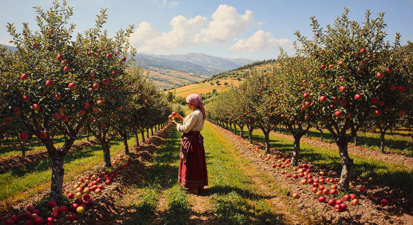 A sunlit orchard in Turkey’s Akdeniz region, with rows of apple trees heavy with ripe red and green fruits, a farmer in traditional clothing gently picking an apple, and rolling hills in the background.