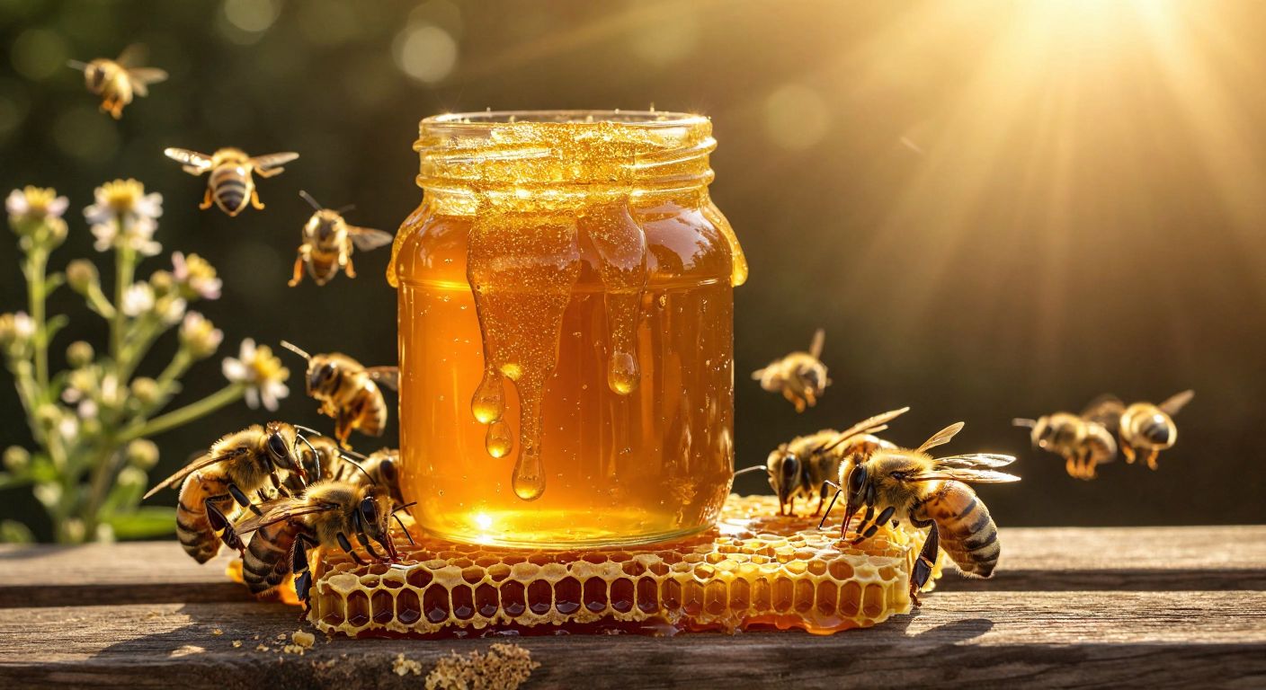 A golden jar of honey with a thick, slow-dripping texture, surrounded by buzzing bees and fresh honeycomb under the warm Turkish sun.
