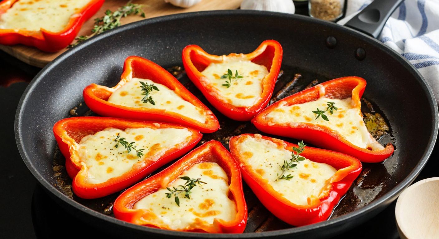 A vibrant Turkish kitchen scene with freshly chopped red peppers sizzling in a pan, golden melted kaşar cheese bubbling atop them, and a sprinkle of thyme, evoking warmth and savory aroma.