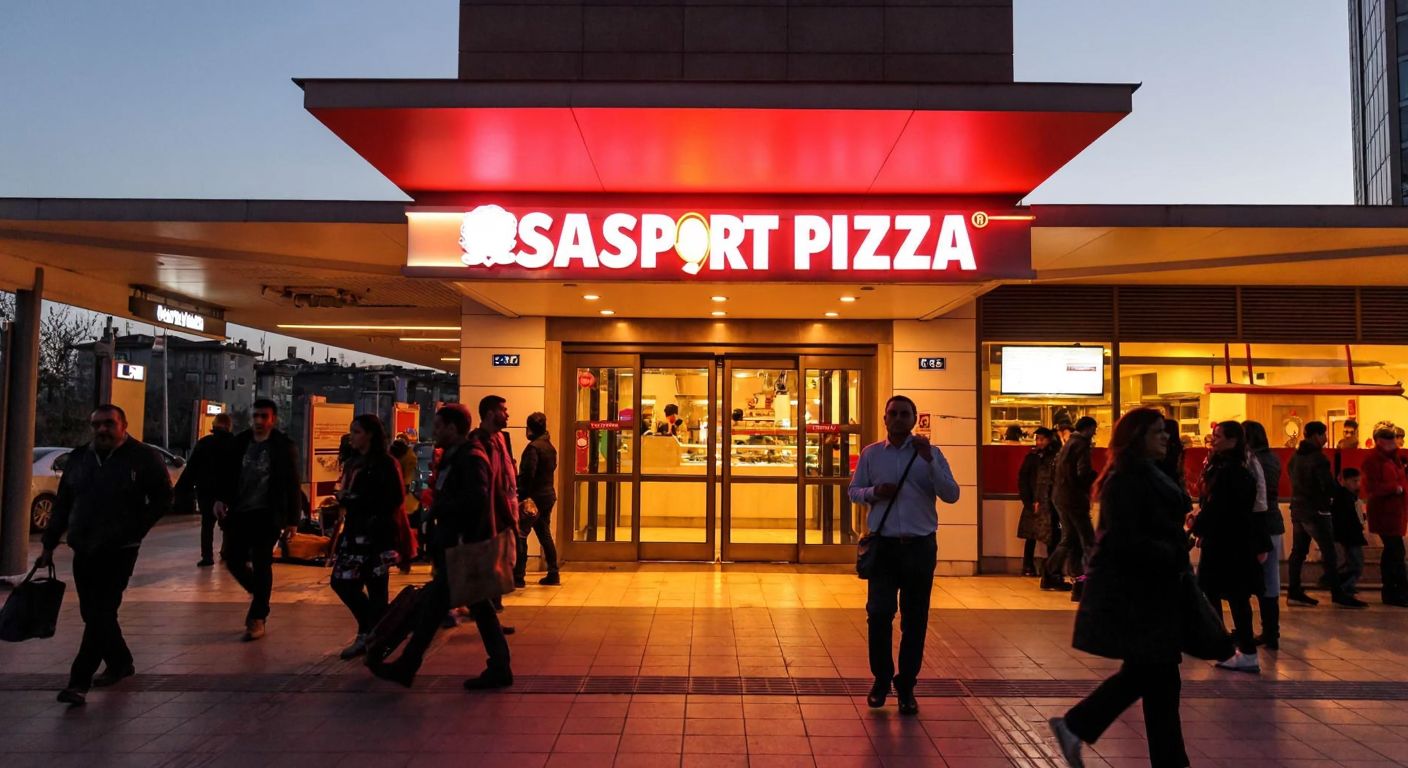 A bustling Istanbul metro station entrance with people walking toward a nearby Pasaport Pizza branch, its red-and-white sign glowing warmly under the evening sky.
