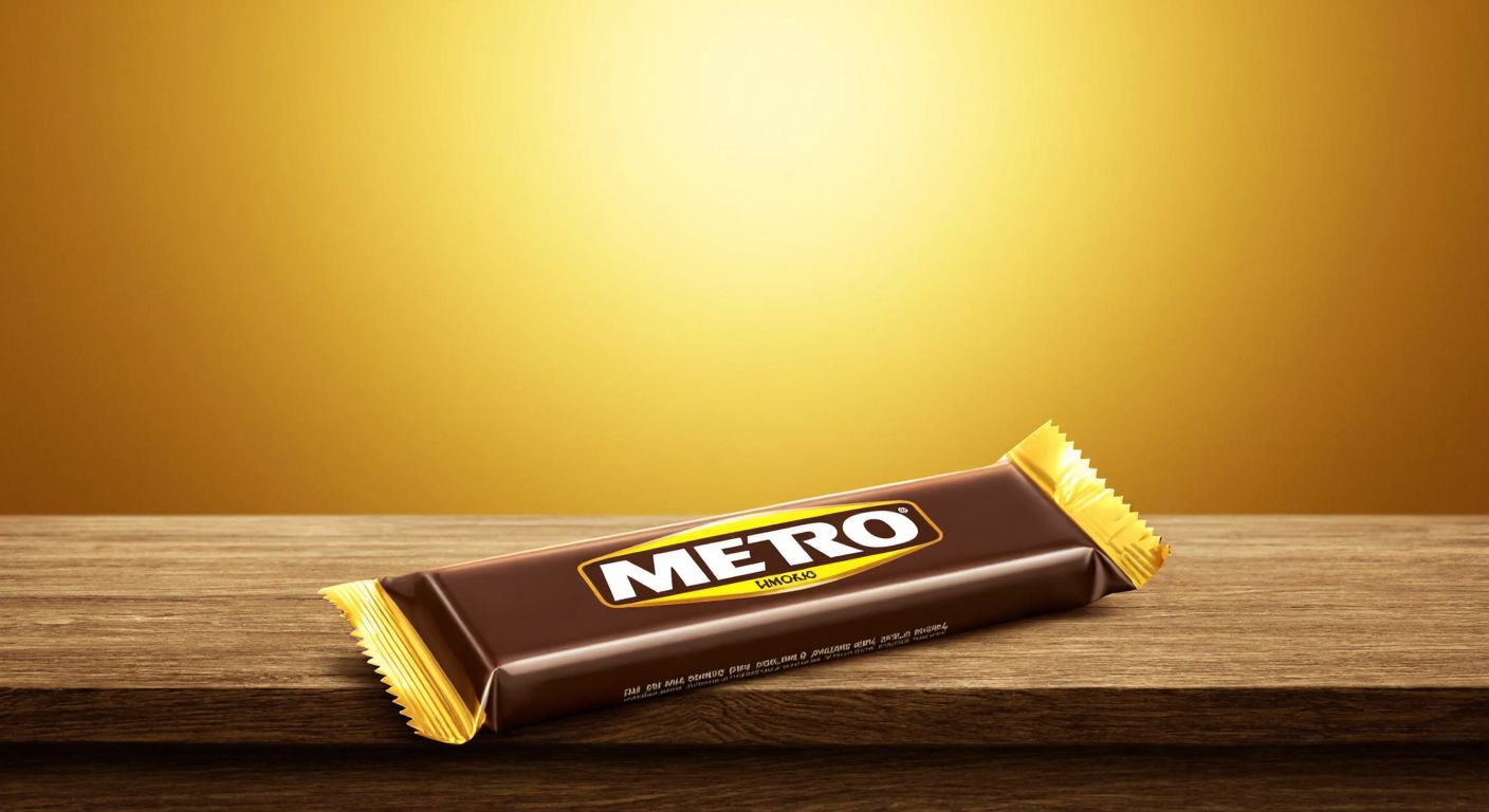 A single, unwrapped Ülker Metro chocolate bar resting on a wooden table with a warm, golden background, evoking a simple yet indulgent snack moment.