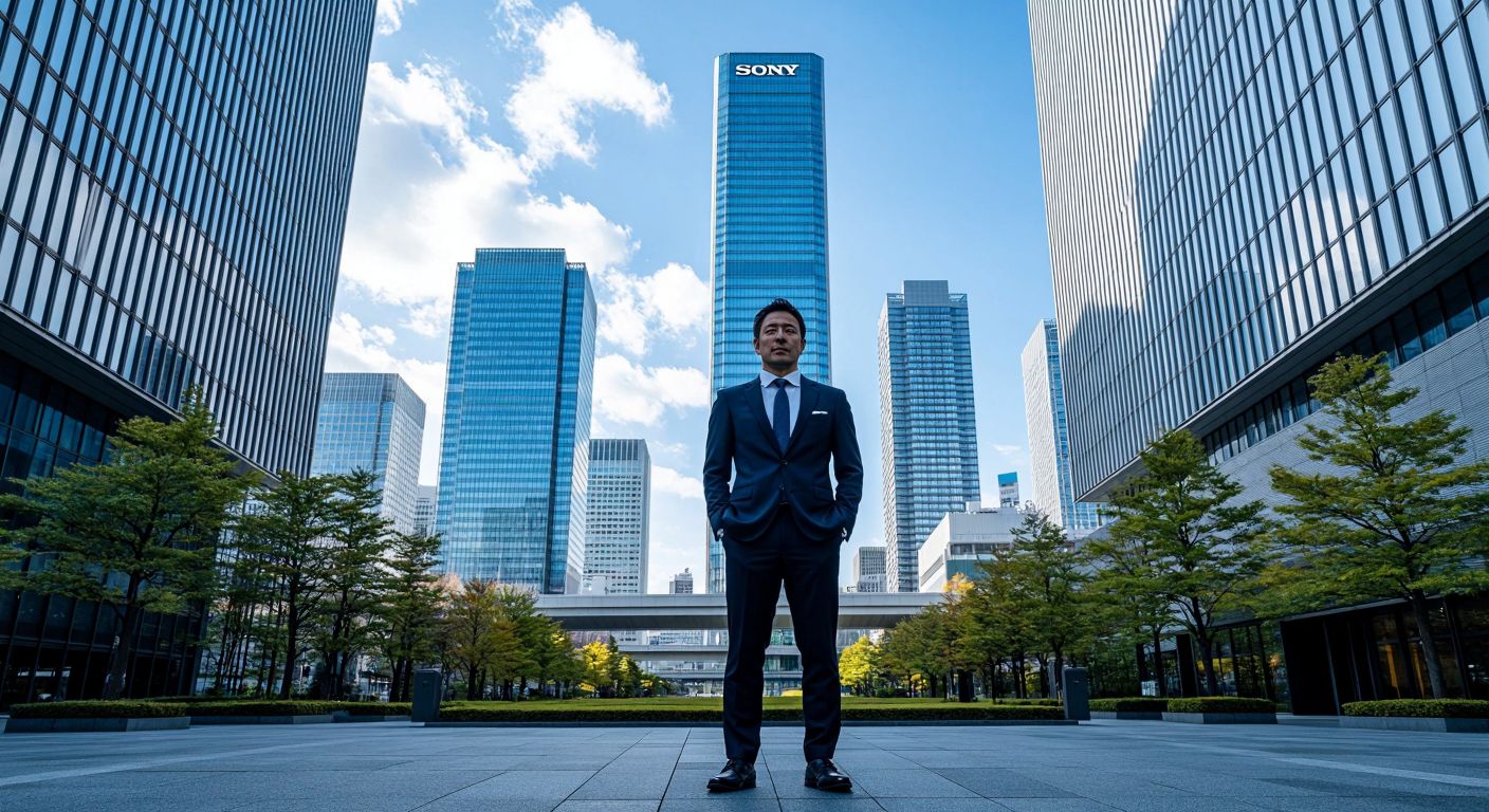 A sleek, modern Tokyo skyline with the Sony Corporation headquarters in Minato district, featuring a Japanese executive in a sharp suit standing confidently in front of the building.