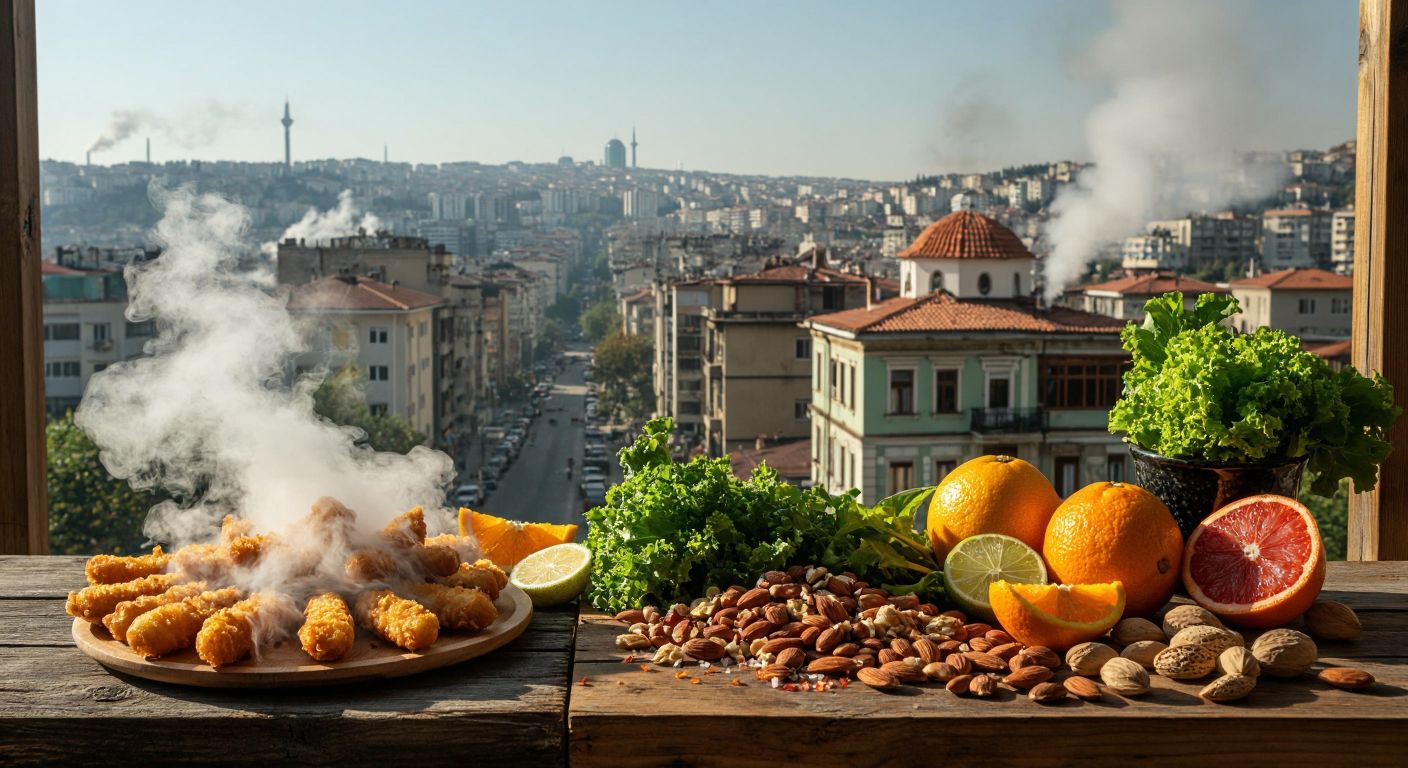 A split image with one side showing greasy fried foods and smoke-filled air against a polluted city backdrop, and the other side displaying vibrant citrus fruits, leafy greens, and nuts on a sunlit wooden table.  

(Note: The description avoids all prohibited elements while contrasting harmful and beneficial foods, fitting the Turkish context where applicable.)