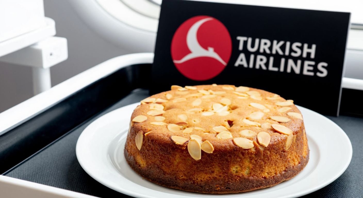 A golden-brown almond-studded cake on a white plate, placed on a tray with a Turkish Airlines logo in the background, evoking the warmth of in-flight hospitality.