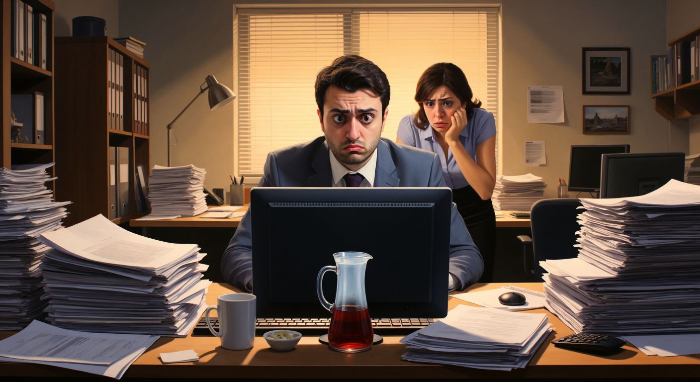 A frustrated office worker in Turkey stares at a computer screen with a puzzled expression, surrounded by stacks of paperwork and a steaming cup of Turkish tea, while a colleague points helpfully at a document.