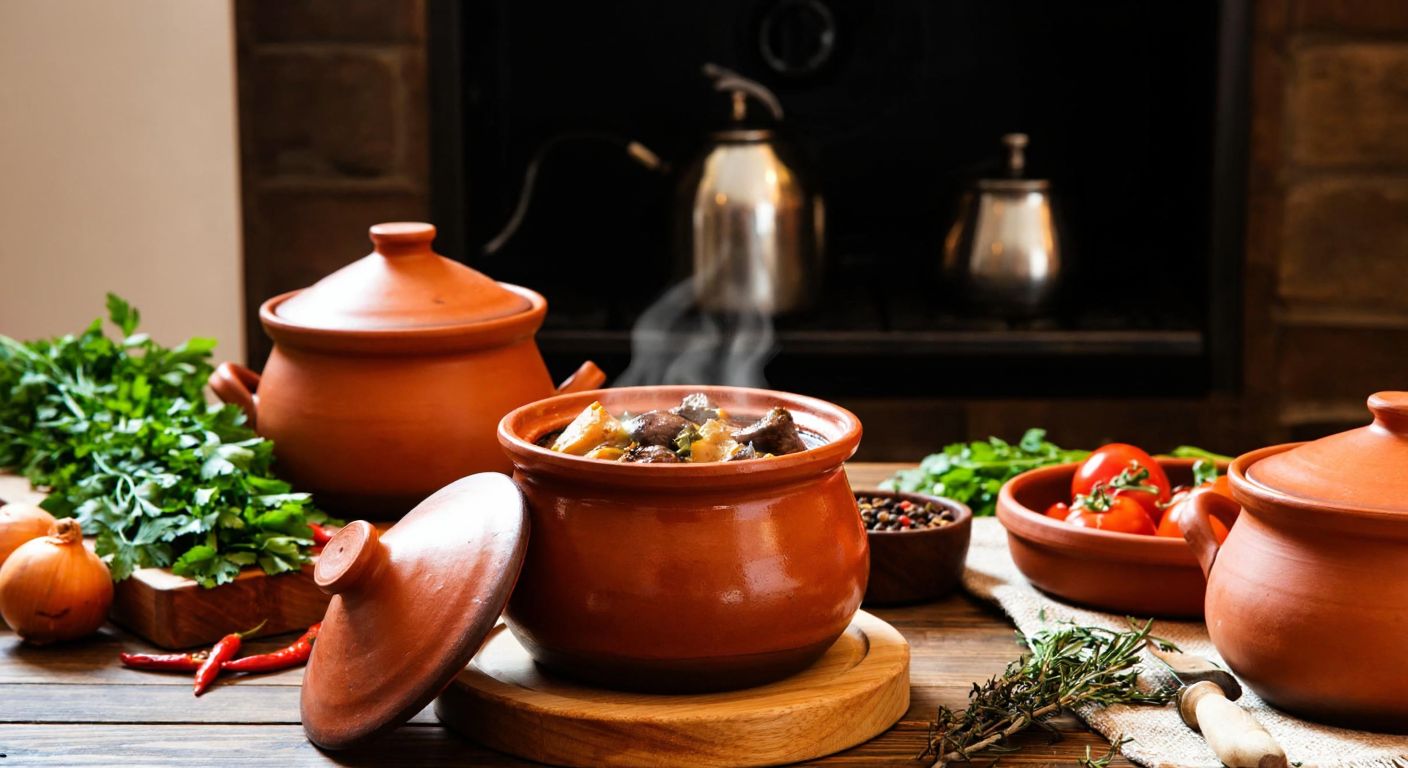 A warm, rustic kitchen scene in Turkey with a wooden table displaying various traditional clay and steel *güveç* pots, including a terracotta one filled with steaming stew, surrounded by fresh herbs and vegetables.