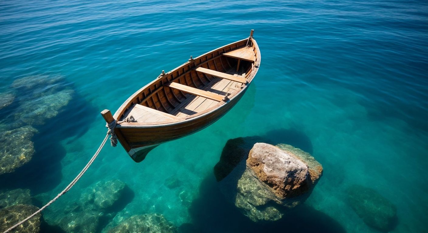 A wooden boat floating effortlessly on the turquoise waters of the Aegean Sea, with a submerged stone tied to a rope beneath it, illustrating buoyancy and displacement.