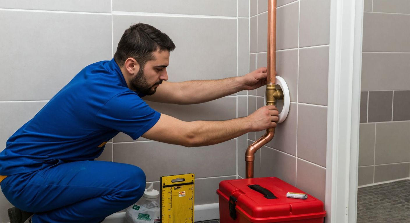 A Turkish handyman in a blue work uniform carefully snaps a white plastic pipe cover onto a copper pipe against a tiled bathroom wall, with a measuring tape and toolbox nearby.