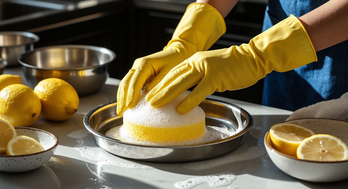 A pair of hands wearing yellow rubber gloves gently scrubbing a shiny metal cookie mold with a sponge under warm, soapy water in a sunlit Turkish kitchen, surrounded by bowls of baking soda and lemon slices.