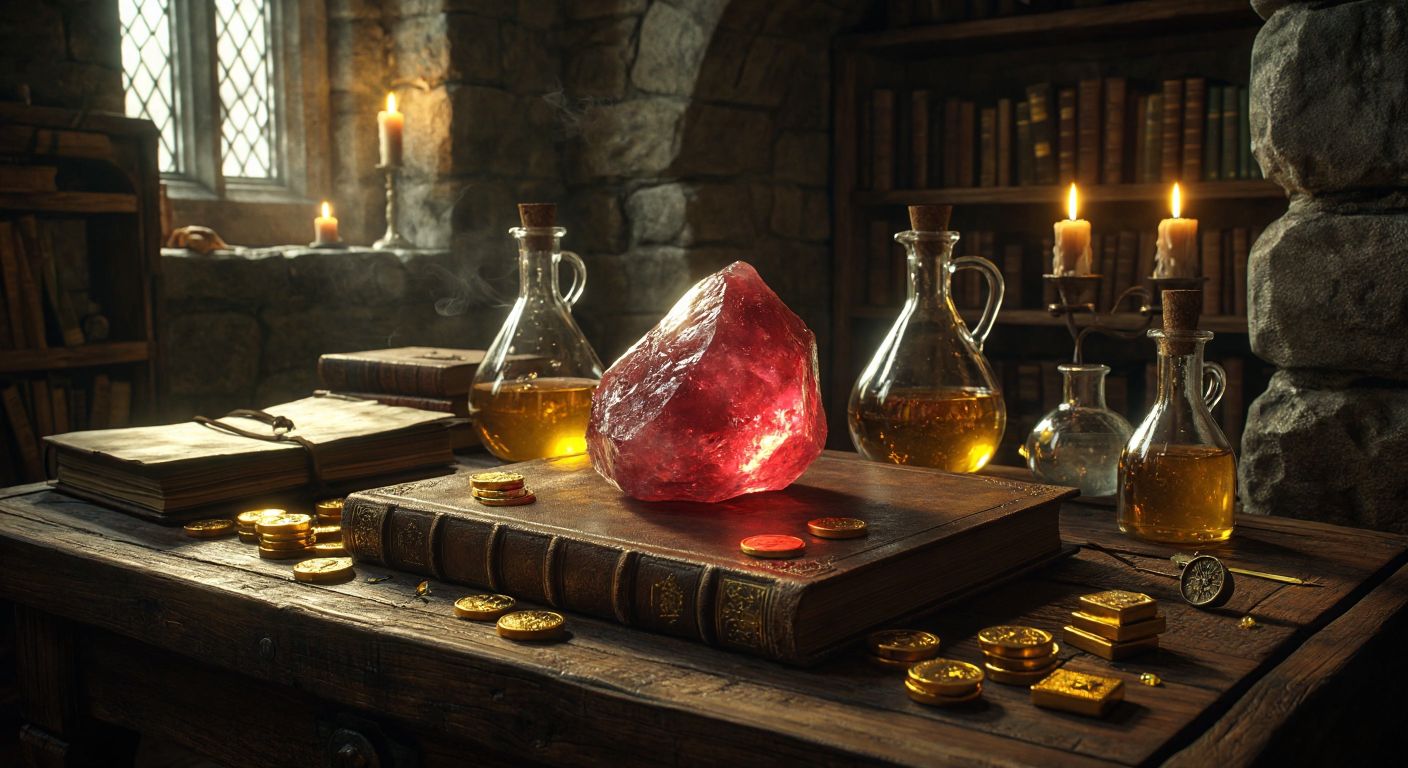 A glowing crimson stone rests on an ancient wooden alchemy table, surrounded by golden ingots, bubbling elixirs in glass flasks, and an old leather-bound book, with warm candlelight casting mystical shadows across the dim, stone-walled chamber.