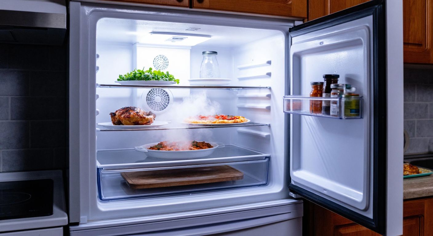 A frost-covered Altus freezer in a Turkish kitchen, with a worn rubber seal on the door and steam rising from a freshly cooked dish placed inside.