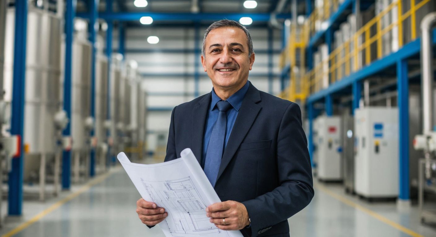 A middle-aged Turkish man in a business suit stands confidently in front of a pharmaceutical factory, holding a blueprint with a warm, proud smile.