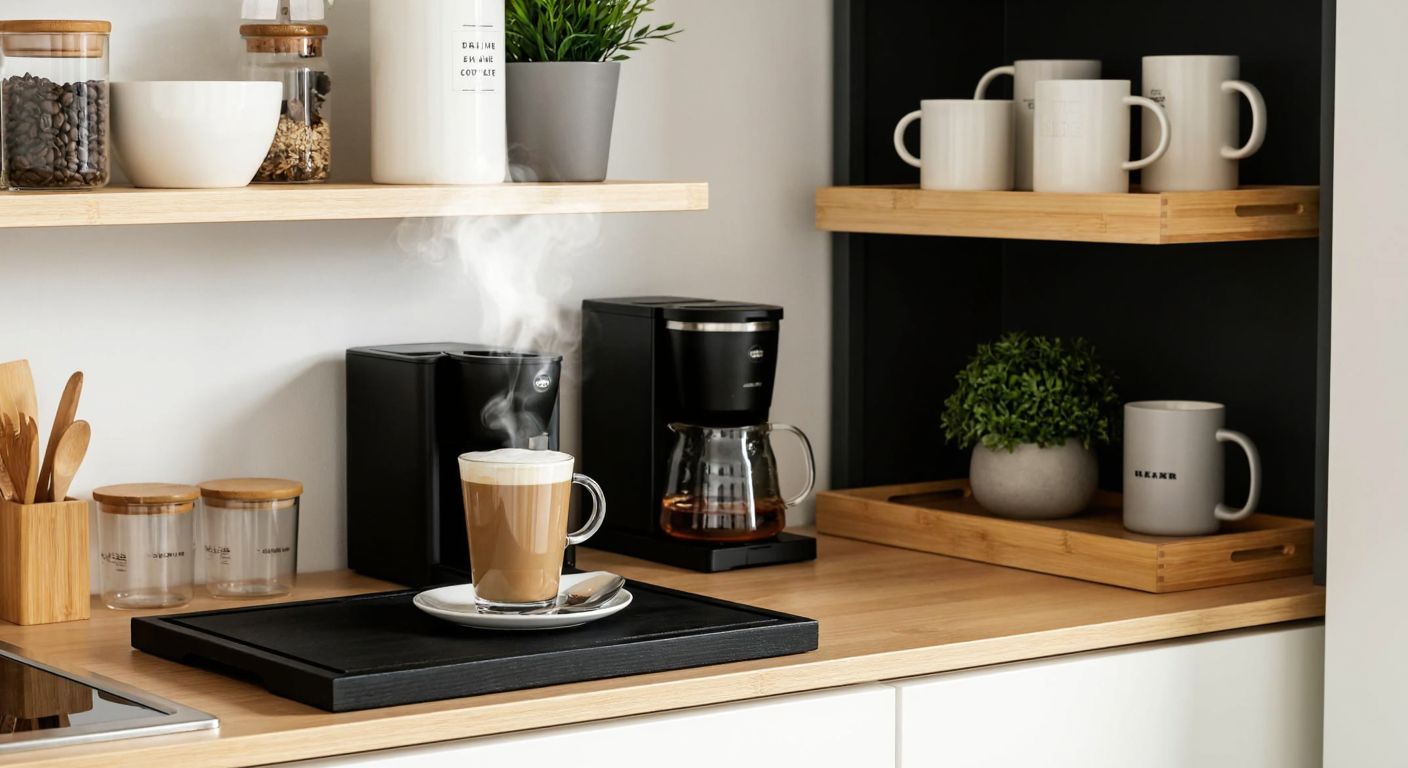 A cozy corner in an IKEA store with a wooden coffee station, a steaming cup of coffee on a minimalist tray, surrounded by neatly organized shelves holding coffee beans, mugs, and a small potted plant.  

(Note: Since the query and response are about IKEA, a global brand, the description avoids Turkish cultural context.)