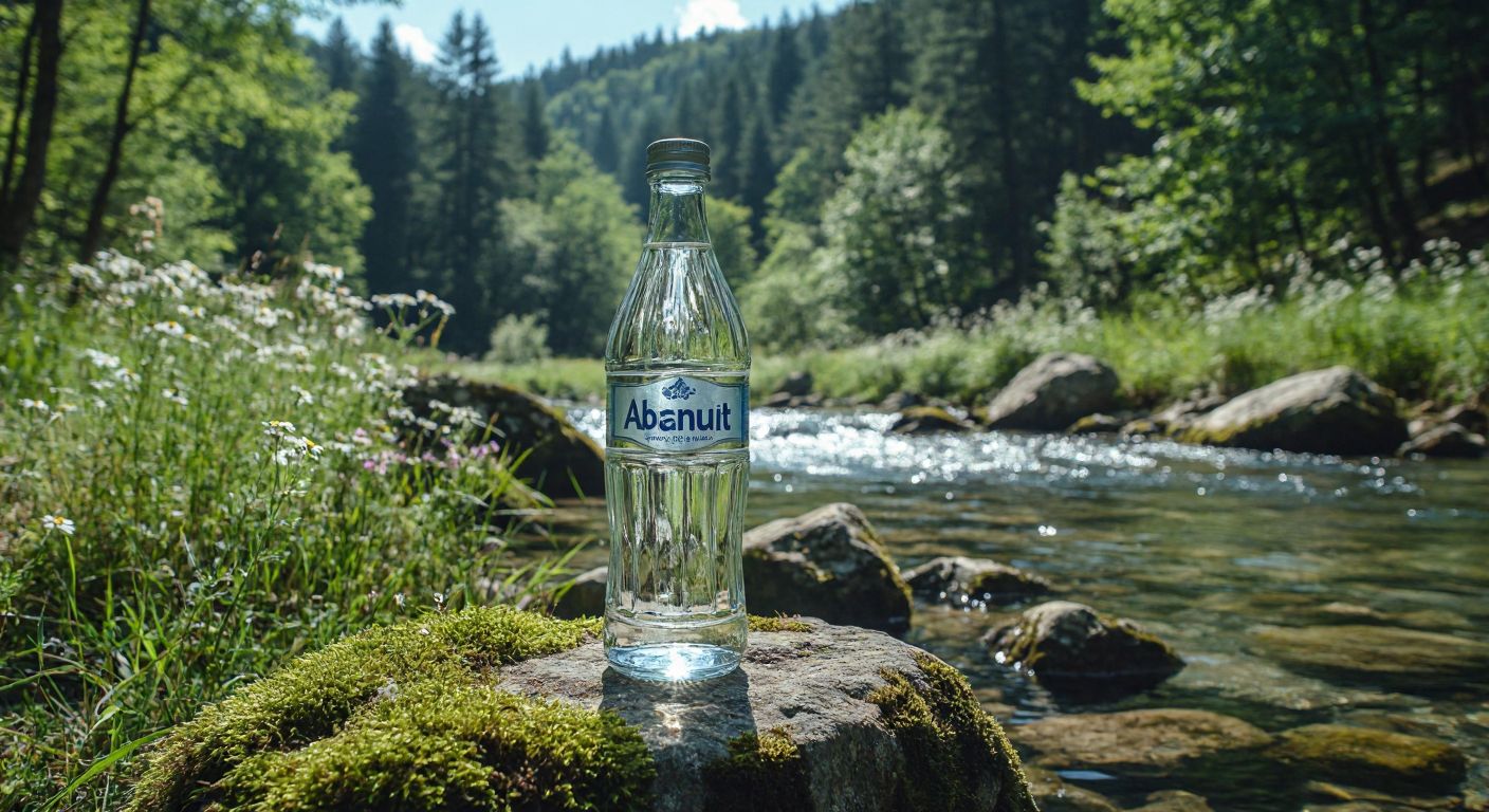 A crystal-clear glass bottle of Abant Su resting on a mossy rock by a pristine mountain spring in Bolu, surrounded by lush green forests and wildflowers, with sunlight glinting off the water's surface.