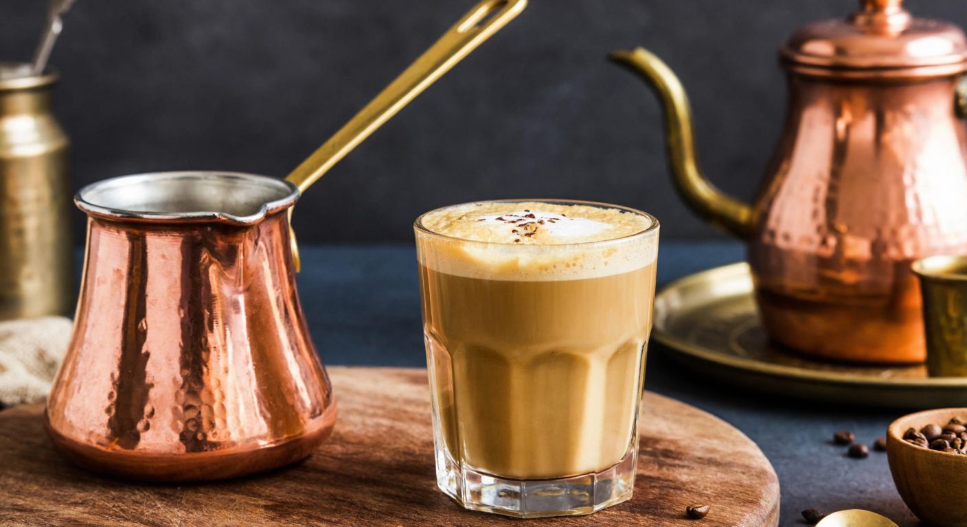 A copper cezve sits beside a frothy Dalgona coffee in a glass cup, with a traditional Turkish coffee set in the background.
