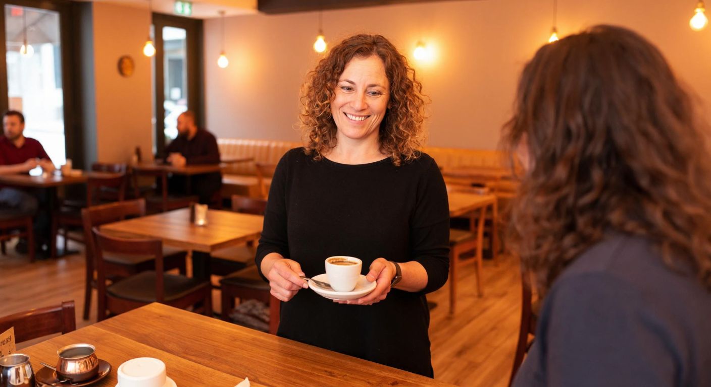 A cozy café with warm lighting, wooden tables, and a smiling middle-aged woman with curly hair (Rebekah Doyle) serving a cup of Turkish coffee to a customer.