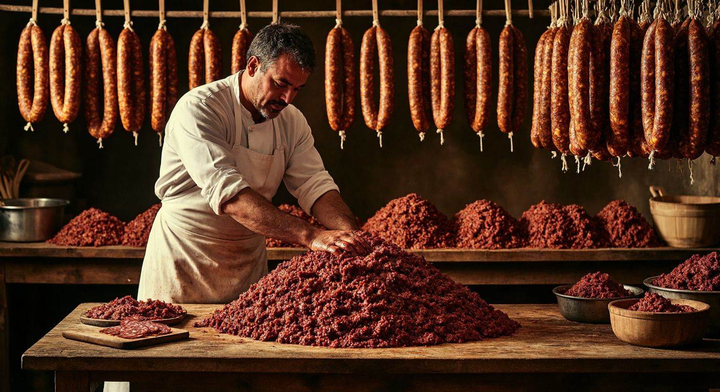 A butcher in a white apron and rolled-up sleeves kneads a large mound of spiced ground meat on a wooden table, with coils of freshly made sucuk hanging to dry in the background under warm golden light.