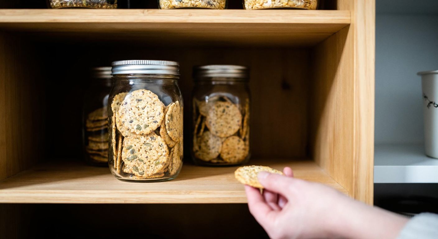 A glass jar filled with seed crackers sits on a wooden shelf in a cool, shadowy pantry, with a hand reaching in to check for freshness.