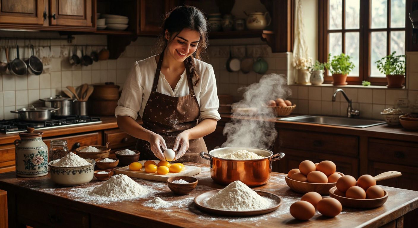 A warm Turkish kitchen with a wooden table covered in ingredients for şekerpare—soft butter, eggs, semolina, flour, and powdered sugar—while a smiling woman in an apron rolls golden dough balls beside a bubbling pot of syrup.