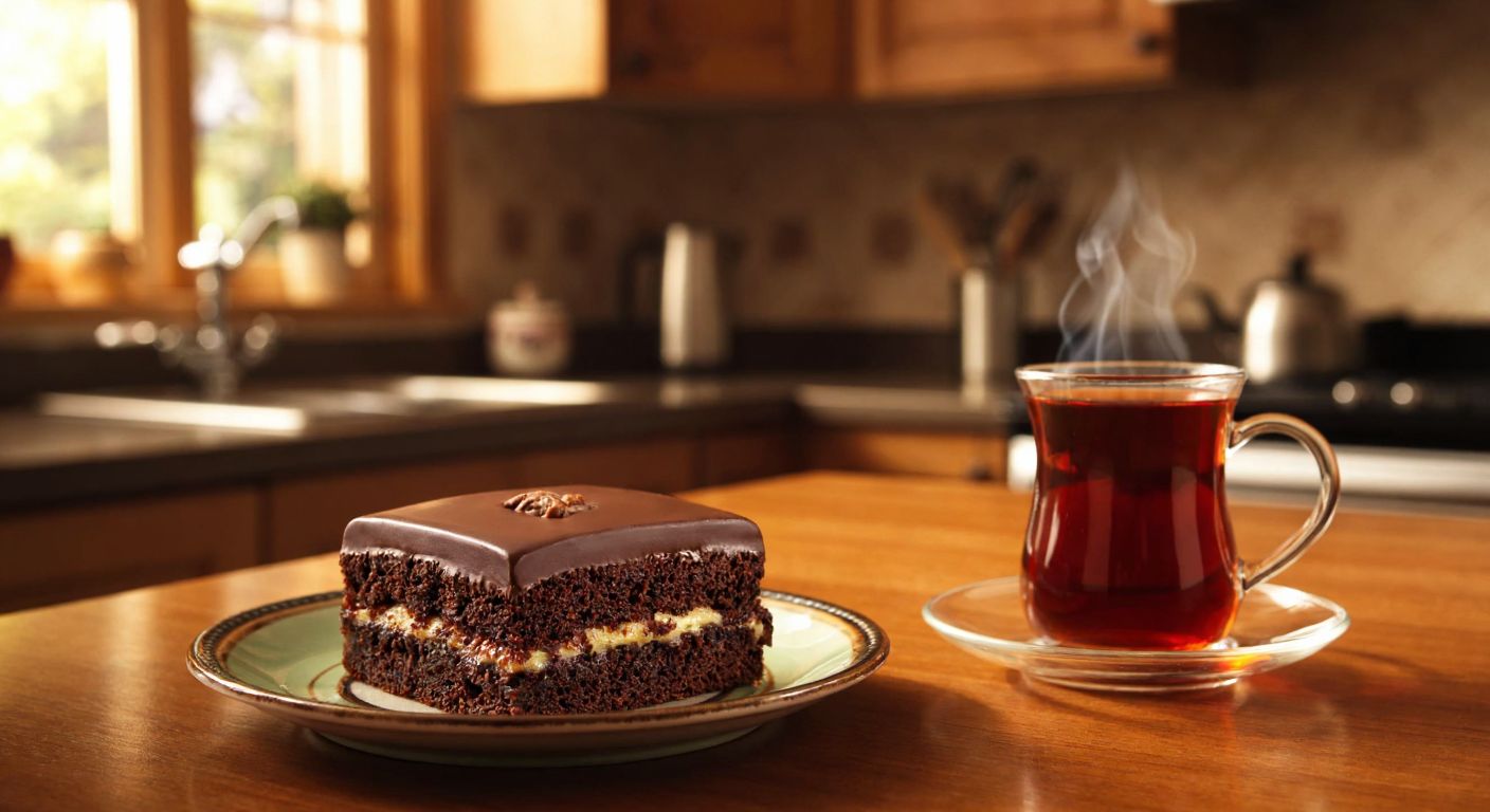 A single chocolate-coated Ülker Albeni cake sits on a small plate beside a steaming cup of Turkish tea, with a warm, cozy kitchen in the background.