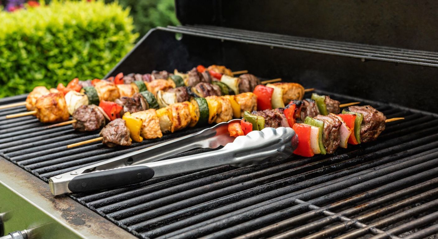 A sturdy stainless steel barbecue tongs with a rubber-coated grip resting on a sizzling grill beside juicy kebabs and colorful vegetable skewers in a sunny Turkish garden.