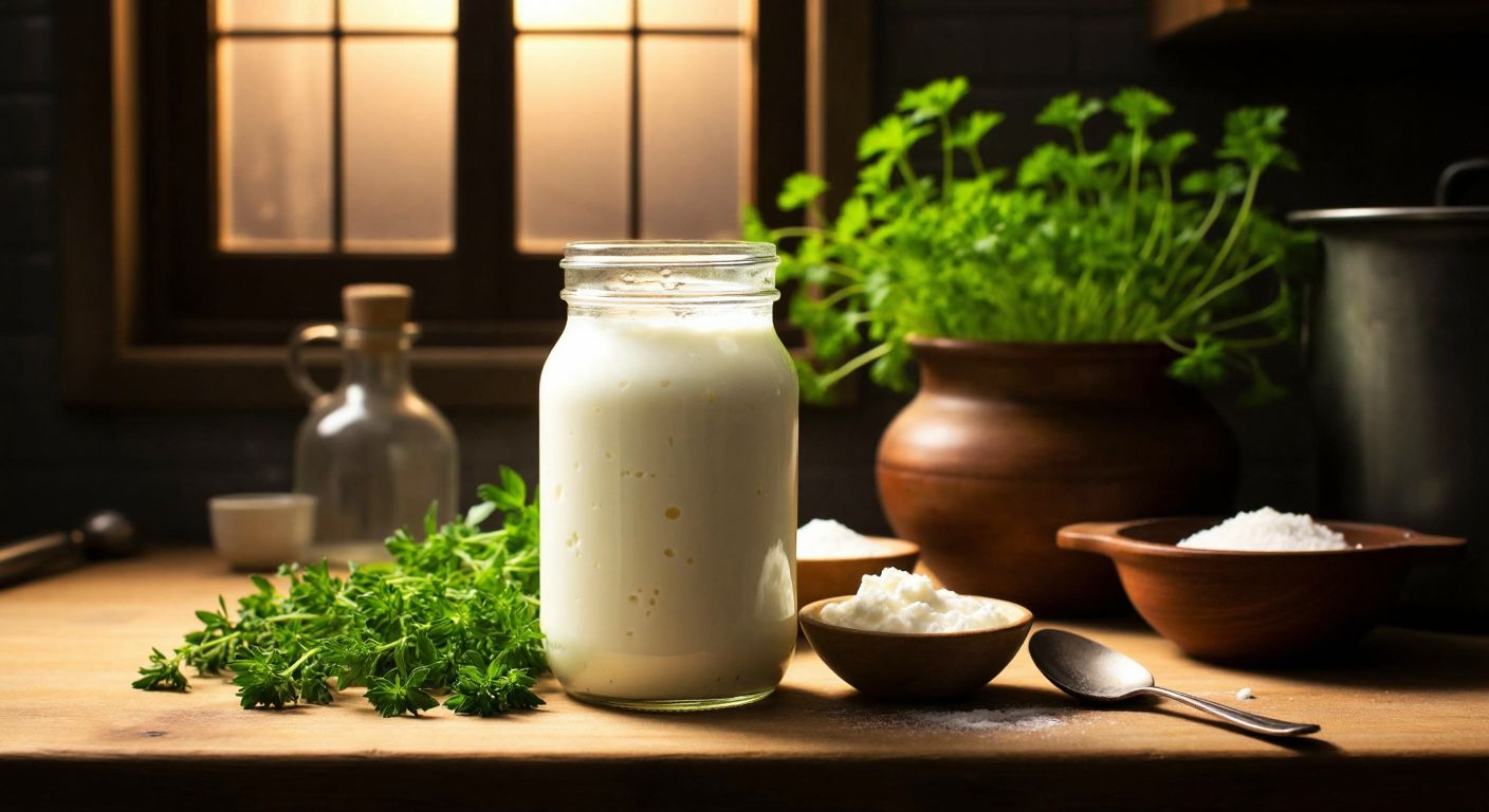 A bubbling glass jar of yogurt in a warm Turkish kitchen, with fresh herbs and wooden spoons nearby, as tiny invisible microbes transform the milk.