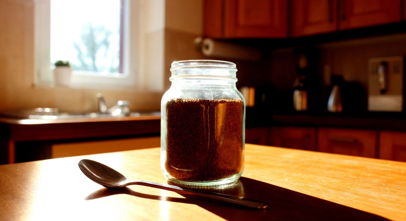 A small glass jar filled with granulated coffee sits on a wooden table in a sunlit Turkish kitchen, with a spoon resting beside it.