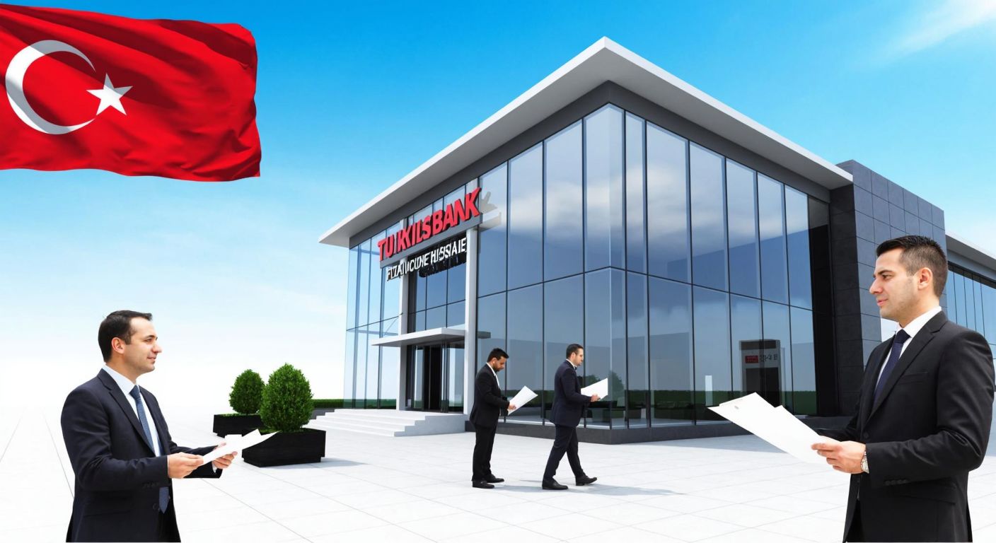 A modern Turkish bank building with a sleek glass facade, surrounded by people in business attire exchanging documents, under a bright blue sky with the Turkish flag subtly visible in the background.