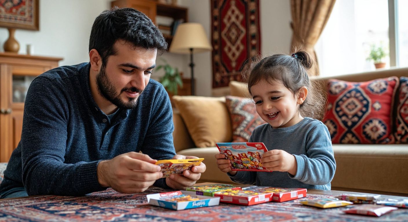 A Turkish parent and child examining colorful toy packages on a wooden table, with the parent looking thoughtful while the child smiles excitedly, set in a cozy living room with a traditional Turkish kilim rug in the background.