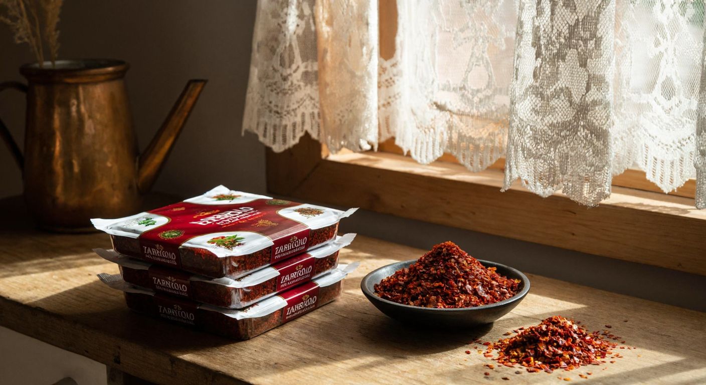 A rustic wooden table in a Turkish kitchen holds a small bowl of vibrant red chili flakes next to a neatly stacked pile of Zarifoğlu-branded spice packets, with warm sunlight streaming through a lace-curtained window.