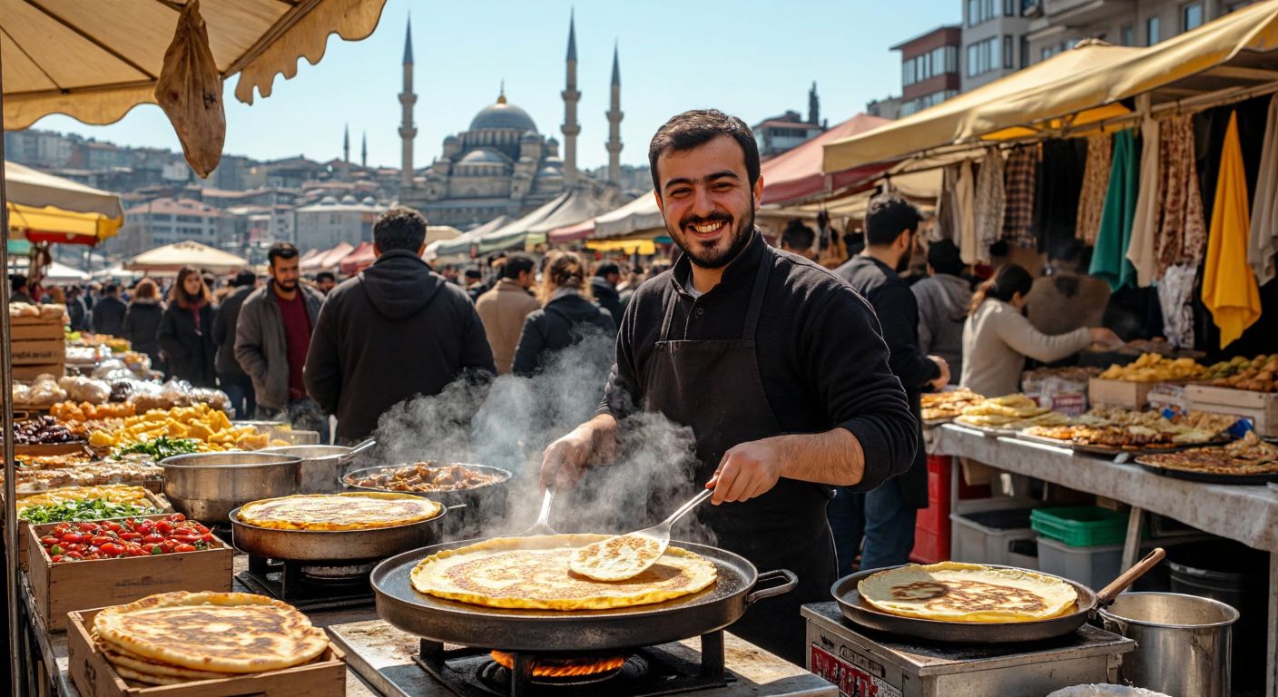 A bustling Sunday flea market in Istanbul, with a cheerful vendor flipping golden gözleme on a hot griddle, surrounded by eager customers and colorful stalls under a bright blue sky.