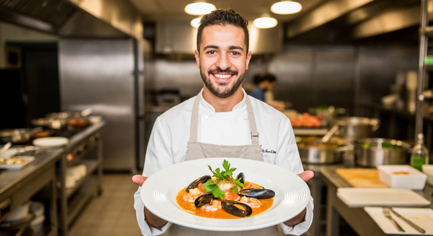 A smiling Turkish chef in a white apron proudly presents a beautifully plated seafood dish with vibrant colors, garnished with fresh herbs, against the backdrop of a bustling professional kitchen.