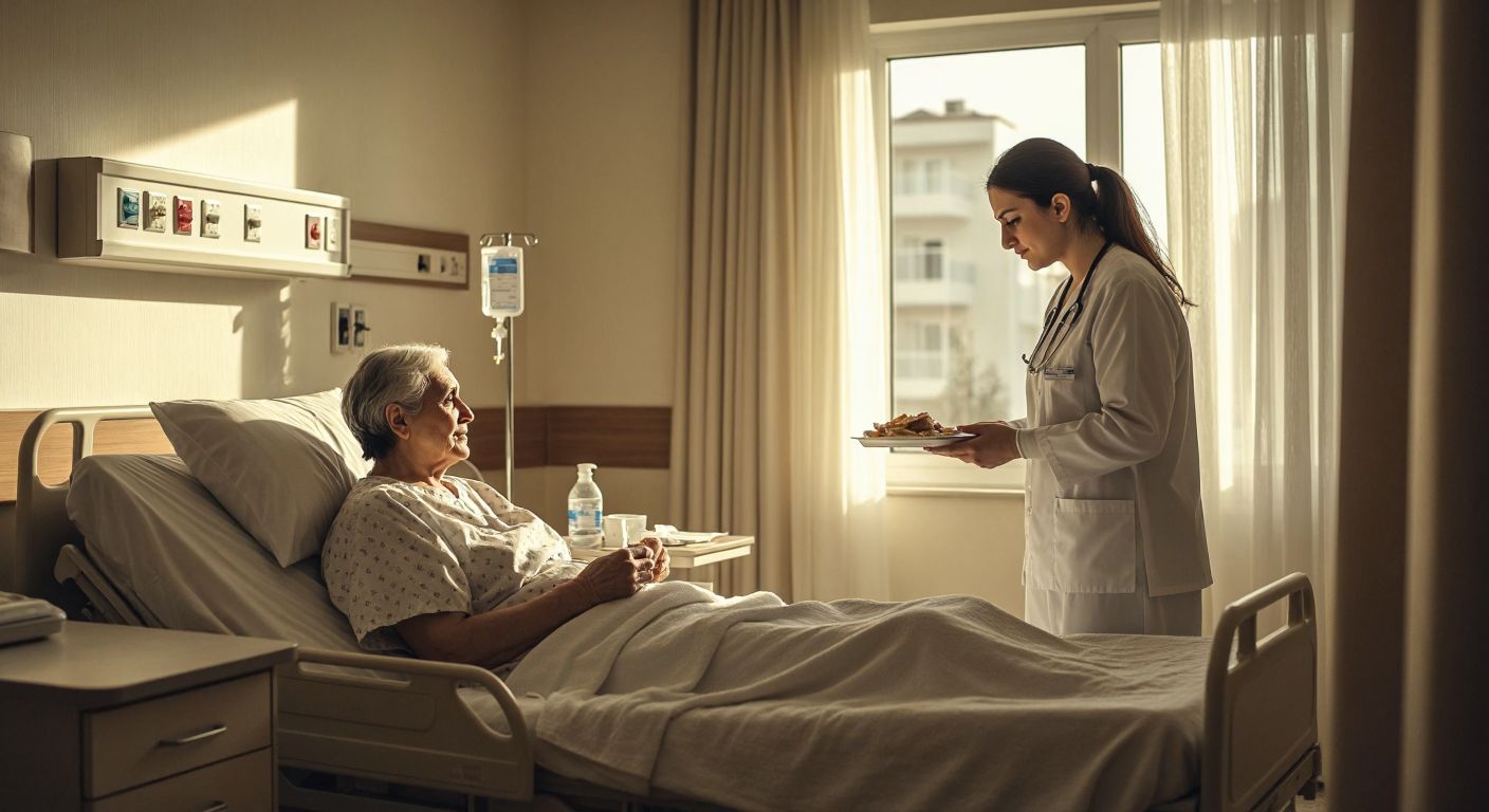 A warm, softly lit hospital room in Turkey, where a compassionate caregiver in a white uniform gently assists an elderly patient with a meal, while a clipboard with a payment chart rests discreetly on a nearby table.