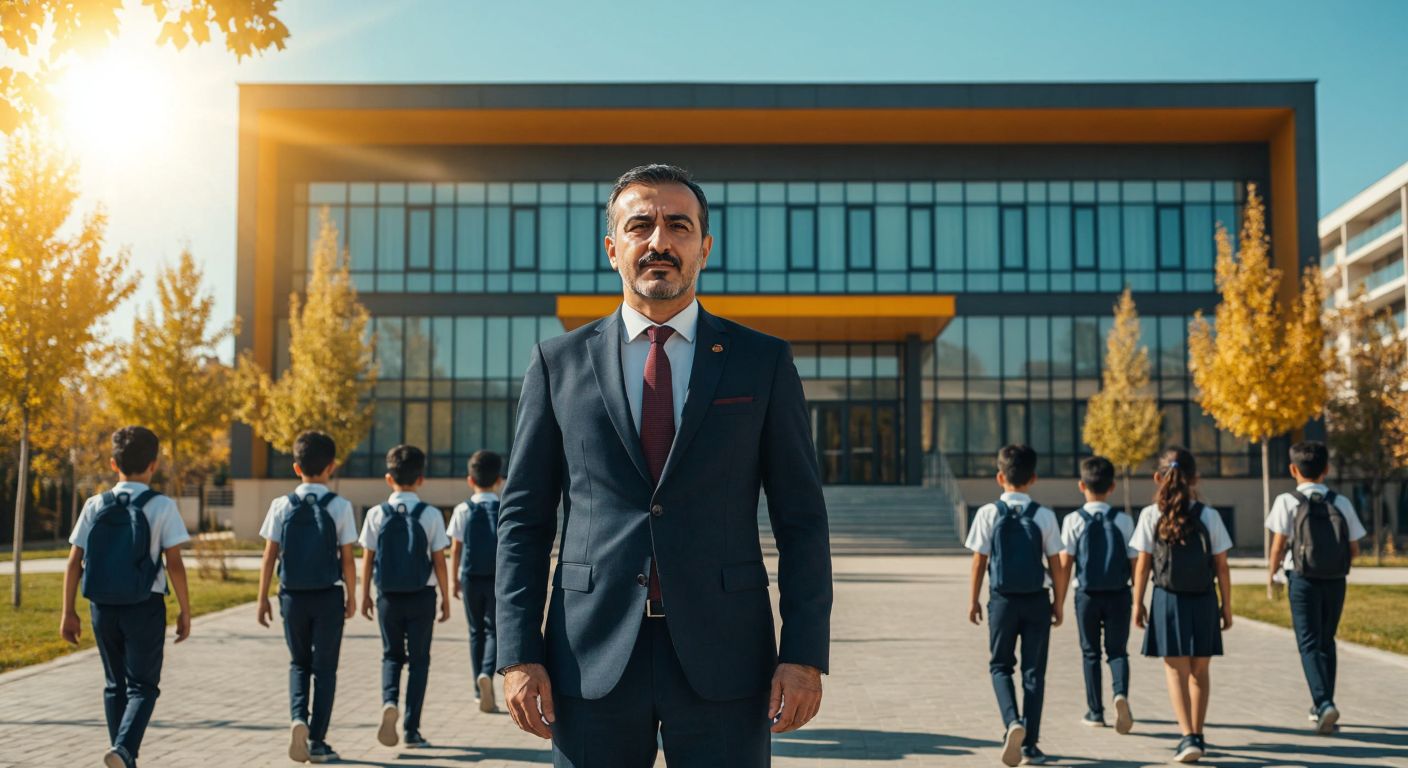 A distinguished Turkish businessman in a suit stands proudly in front of a modern school building with students in uniforms walking by, under a bright sun in an urban Turkish setting.