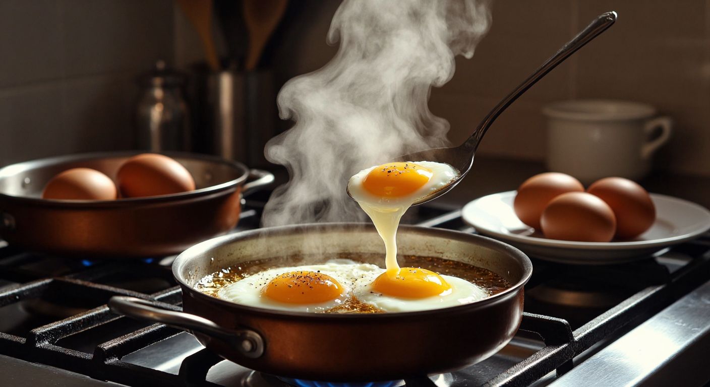 A warm Turkish kitchen with a bubbling pot of water on a stove, a cracked egg sliding into the pot from a spoon, steam rising, and a plate nearby with a perfectly runny soft-boiled egg sprinkled with salt and pepper.
