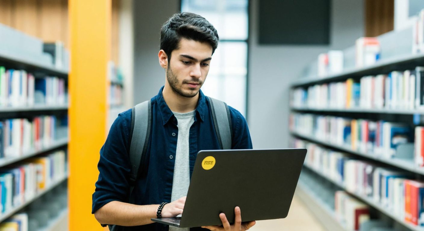A young Turkish student in a university library, wearing a backpack and holding a laptop, looks focused while navigating a login screen with a determined expression.