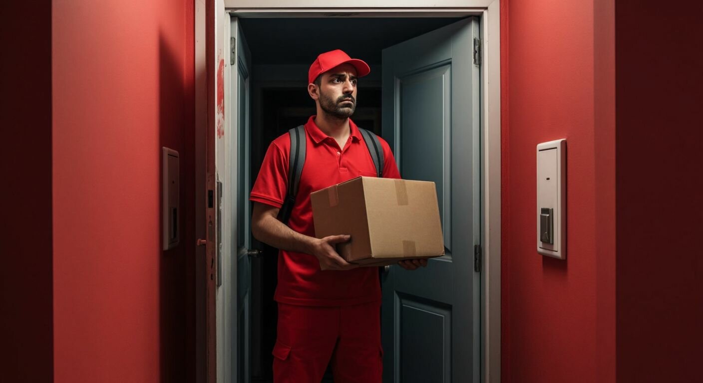 A frustrated delivery worker in a red uniform stands hesitantly at a closed apartment door in a Turkish neighborhood, clutching a package while glancing nervously over his shoulder.