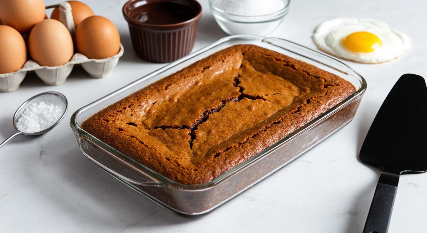 A warm, golden-brown brownie in a rectangular borcam dish, freshly baked with a cracked top, placed on a wooden kitchen counter surrounded by ingredients like eggs, sugar, and melted chocolate, with a spatula resting nearby.