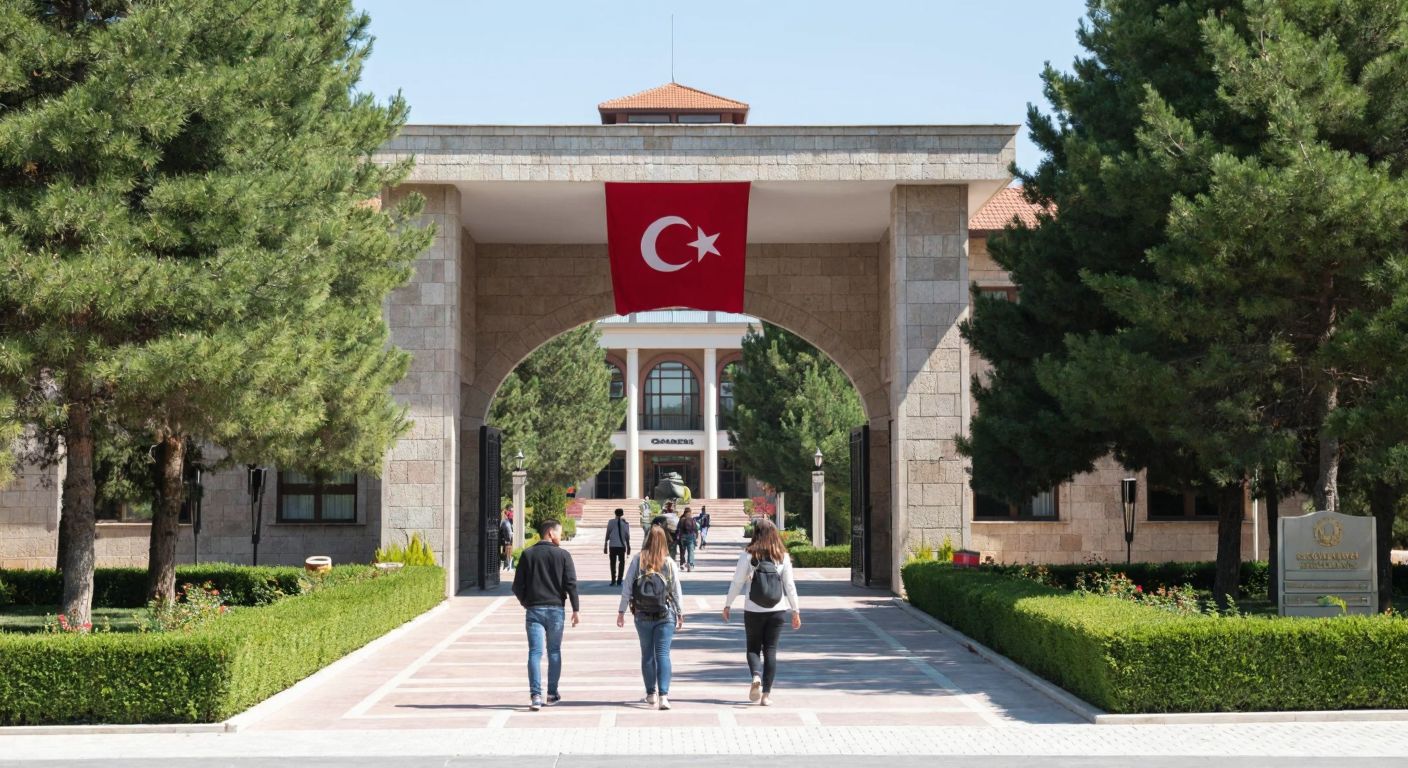 A modern university campus in Isparta with students walking past a grand entrance adorned with the Turkish flag, surrounded by lush greenery and traditional stone architecture.